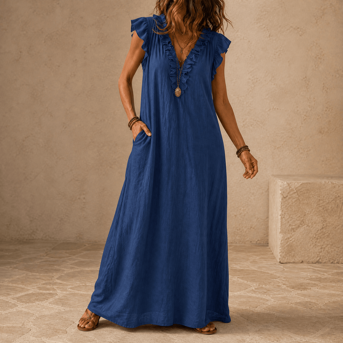 Veluna – Women's Ruffle-V Midi Dress with Pockets