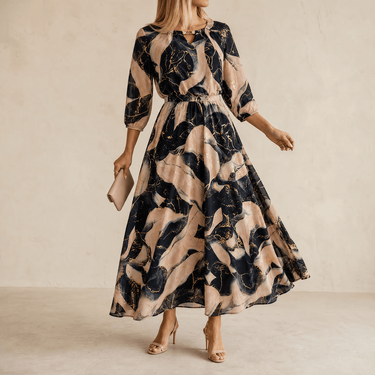 Vivara – Women's Marble Gold Chiffon Maxi Dress